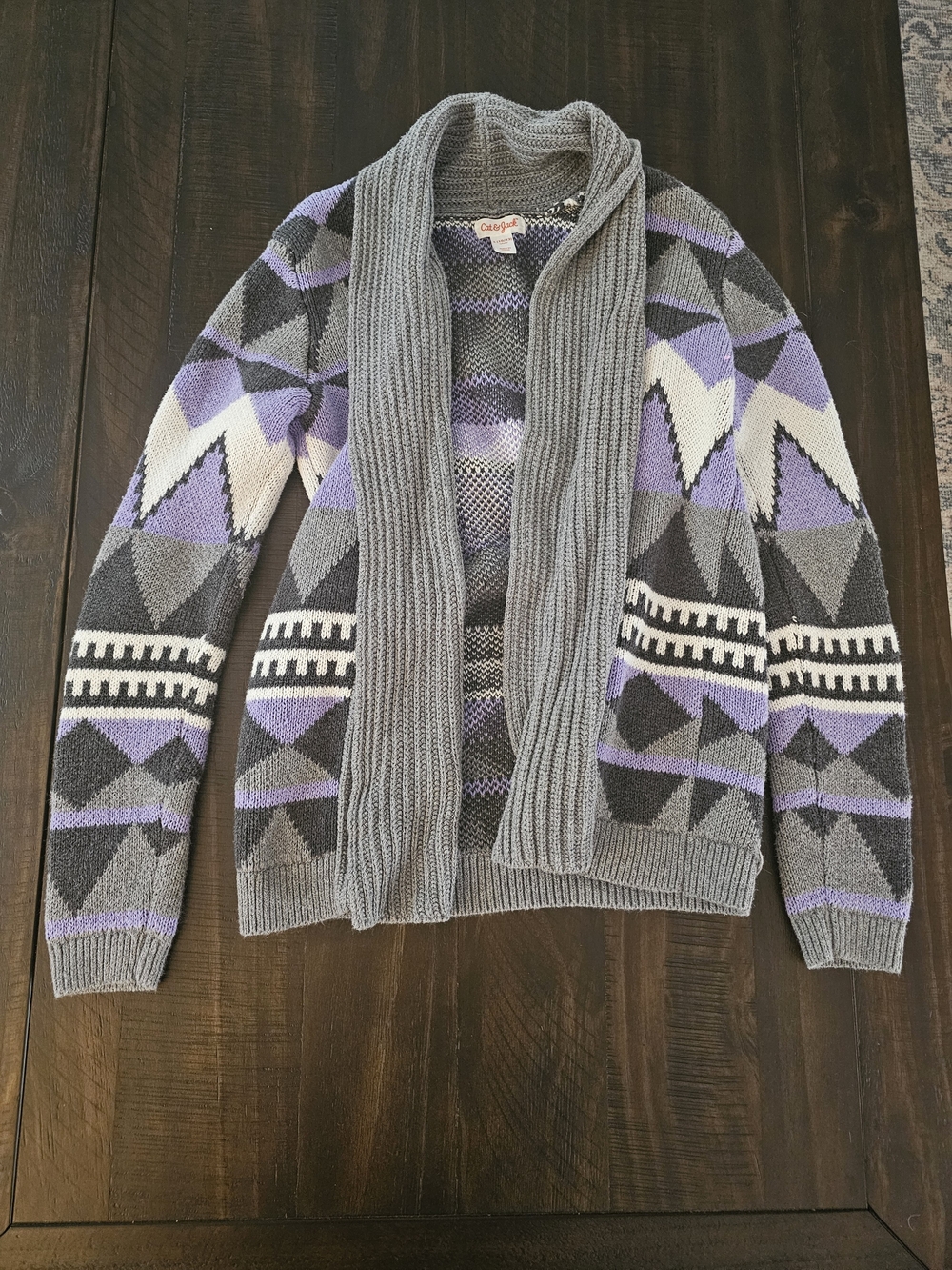 Cat & Jack Gray, Purple & White Geometric Open-Front Cardigan Sweater